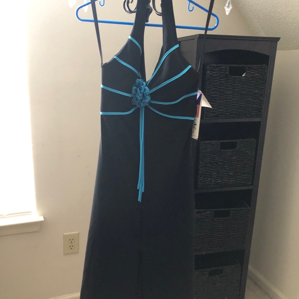 Blonde Nites cocktail dress. Size 3 Black w/blue details. Halter Neck.